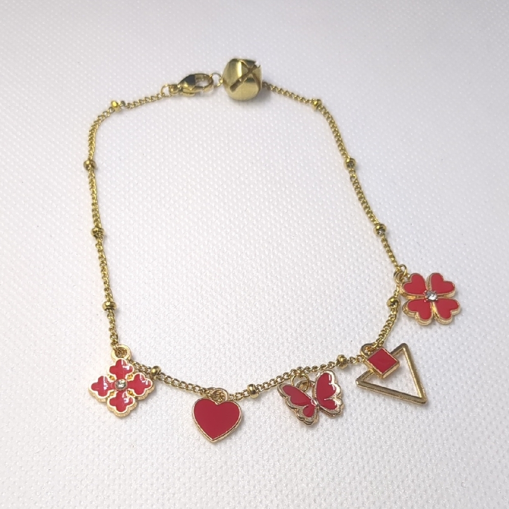 Gold and Red Charm Bracelet with Heart and Flower Designs